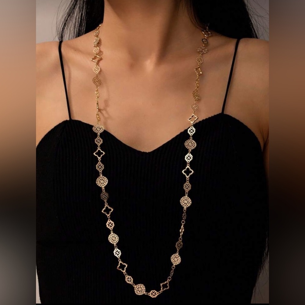 Gold Tone Clover Medallion Long Necklace Adjustable Statement Chain